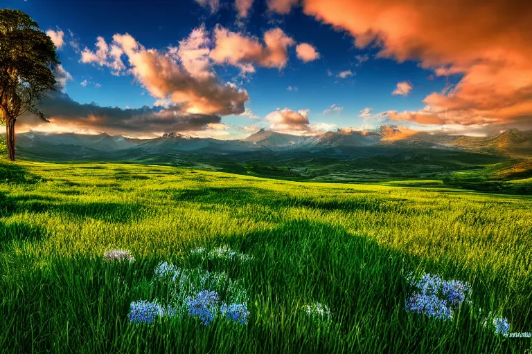 Prompt: windows bliss wallpaper, green hill, blue partly cloudy sky, 4 k, highly detailed, professional photography, by marc adamus