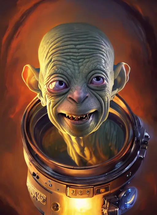 Image similar to portrait of gollum as astronaut, subsurface scattering, by jesper ejsing, justin gerard, tomasz alen kopera, cgsociety and fenghua zhong, highly detailed, rim light, cinematic lighting, illustration, art, octane render, very coherent, cinematic, hyper realism, high detail, octane render, 8 k