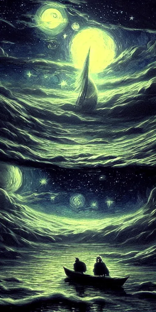 Prompt: matte painting. it's the way of a cosmic sailor, in a boat in the night, but the wolves are not scaring him, starry night, glow, beautiful milkyway, scary, sifi, deep space, dark cyberpunk