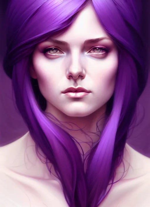 Prompt: Purple hair Portrait of woman, intricate, elegant, highly detailed, digital painting, artstation, concept art, smooth, sharp focus, illustration, art by artgerm and greg rutkowski and alphonse mucha