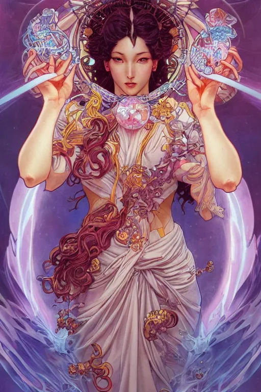 Prompt: the goddess of transcendence, by artgerm and yoshitaka amano and moebius and alphonse mucha, hyperdetailed, dc comics, ornate, nebula, explosions in the sky, trending on artstation