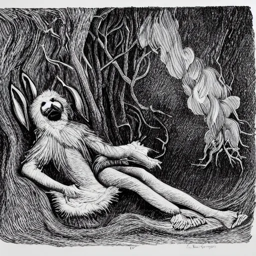 Image similar to a pen and ink drawing of a deep dark tangled forest, a white rabbit smoking a cigarette while reclining, a lingering smoke cloud, childrens illustration, by edward gorey, by gustav dore