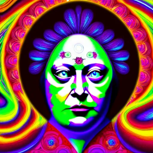 Image similar to an extremely psychedelic portrait of madame blavatsky, surreal, lsd, face, detailed, intricate, elegant, lithe, highly detailed, digital painting, artstation, concept art, smooth, sharp focus, illustration