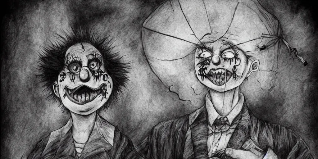 Prompt: A clown holding a balloon , horror, creepy, dark, manga,, pencil, inspired by junji ito, superior quality, masterpiece