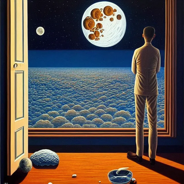 Image similar to an oil on canvas portrait of a man waking up and the moon is shining in through the window, surrealism, surrealist, lovecraftian, cosmic horror, rob gonsalves, high detail