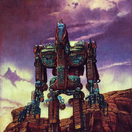 Prompt: mayan mecha in mesa landscape by j. c. leyendecker, bosch, and beksinski