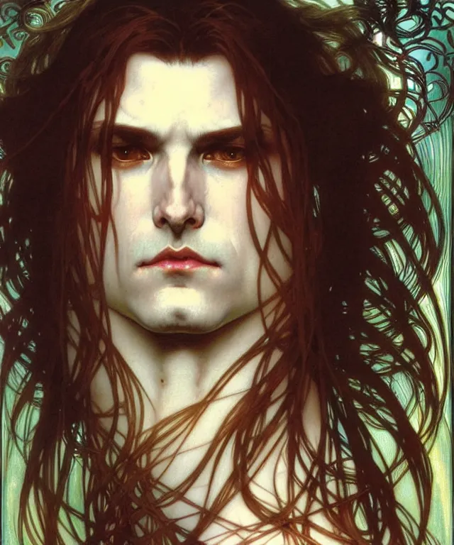 Prompt: realistic detailed face portrait of a beautiful vampire prince with long white hair by alphonse mucha, ayami kojima, amano, greg hildebrandt, and mark brooks, male, art nouveau, neo - gothic, gothic