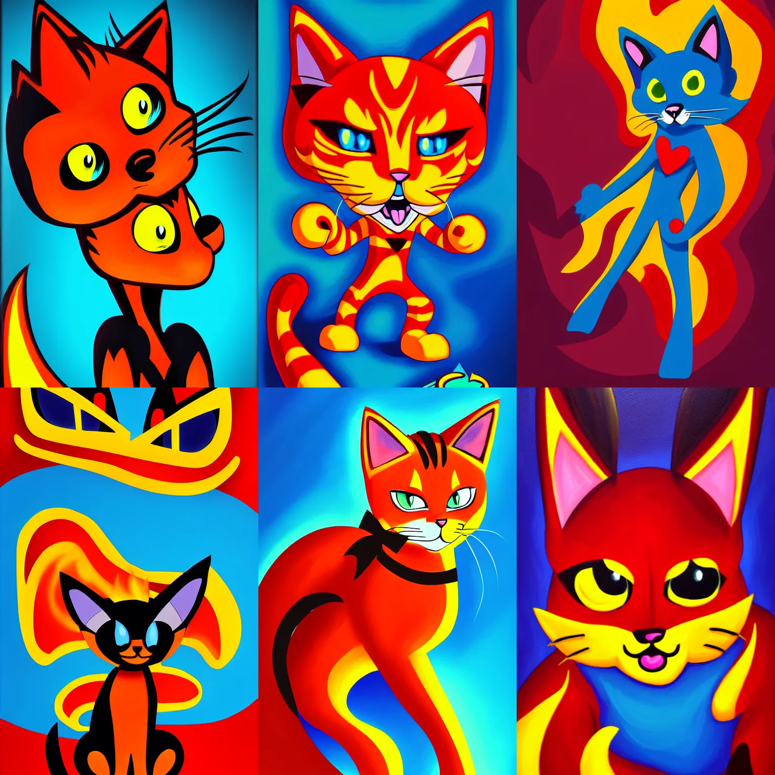 Prompt: a unique character design based on blaze the cat, archie comic style, character splash art, fiery background, sharp art deco bold colored background, oil painting on matte canvas