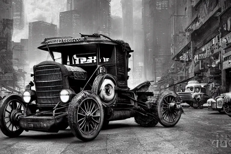 Image similar to cyberpunk 1 9 0 8 model ford t by paul lehr, metropolis, vintage, robotic, black and white photo