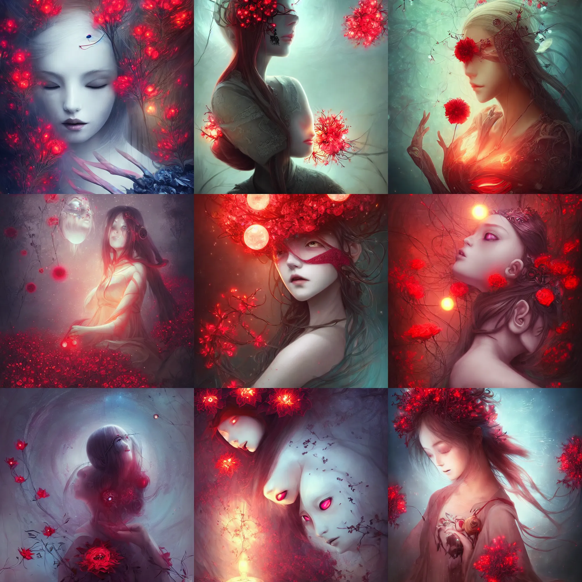 Prompt: blindfolded dreaming humanoid female android wearing gothic ornament surrounded by glowing red flowers floating in above a dystopia by Anna Dittmann, by hayao miyazaki, digital art. surreal. trending on art station. anime arts. featured on Pixiv, HD, 8K, highly detailed, good lighting. beautiful. epic.