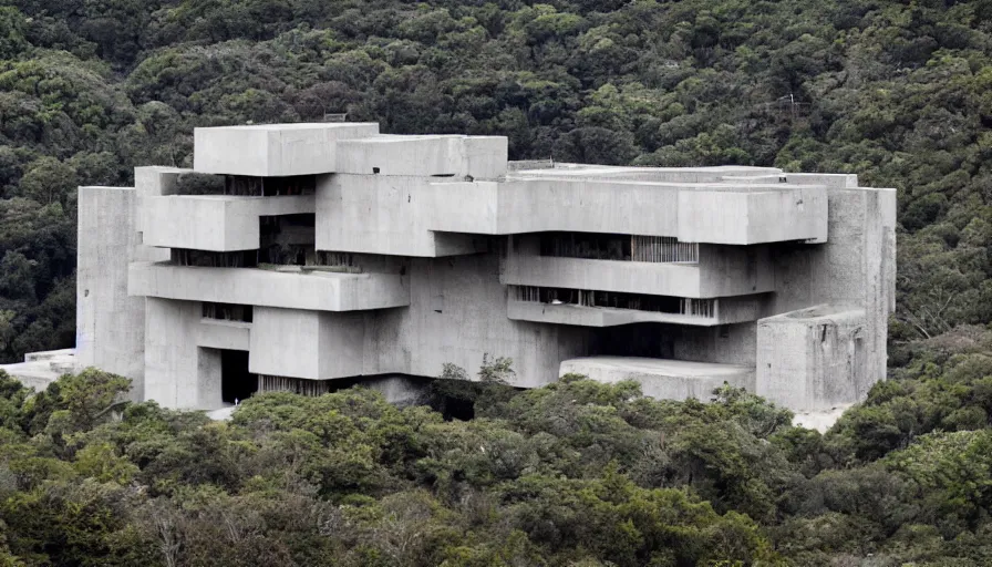 Image similar to big brutalist base perched on a cliff overlooking a magnificient bay, drawing architecture, pritzker architecture prize, greig fraser