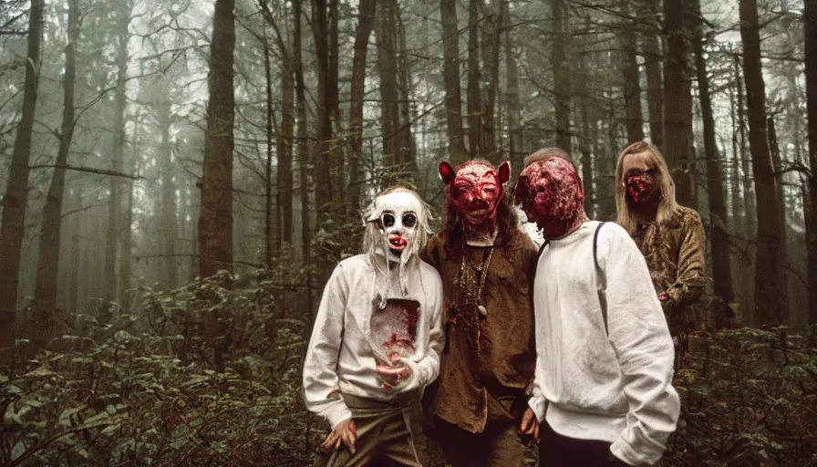 Prompt: high realistic photo portrait of esoteric tribes members with taxidermic flesh bloody mask in a foggy forest, cinestill 800t 35mm, heavy grain, high quality,