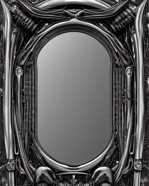 Image similar to frame mirror design by hr giger, biomechanical, 4 k, hyper detailed