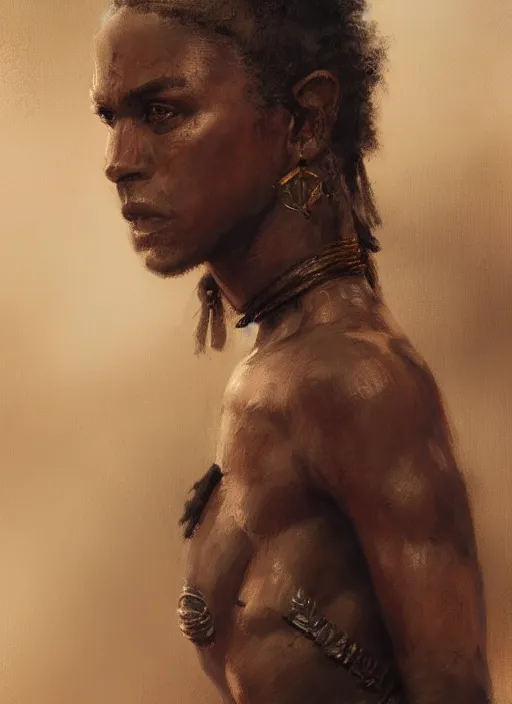 Image similar to A portrait of a warrior slave in the style of in the style of Greg Rutkowski, Charles Sillem Lidderdale, artstation, high quality art