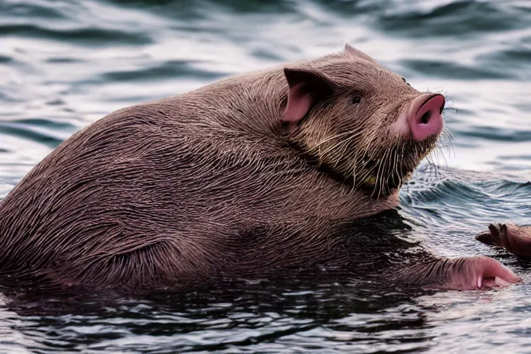 Image similar to a pig sea otter!!! hybrid! hyper realistic!! realistic lighting!! wildlife photographer of the year!!! bold natural colors, national geographic, hd, wide angle, 8 k