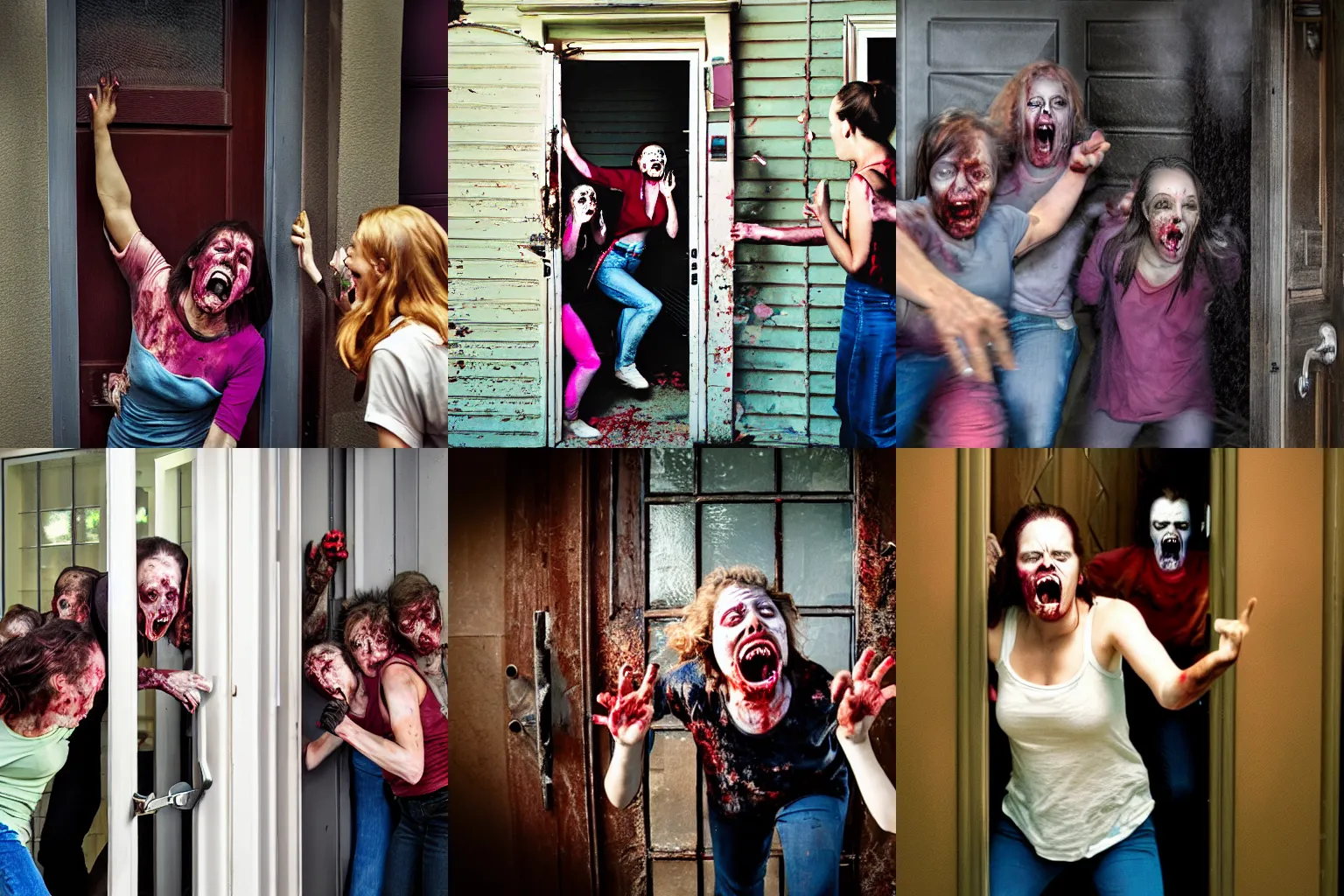 Prompt: color photograph of a screaming woman trying to hold the door shut as a horde of zombies attempt to break in.