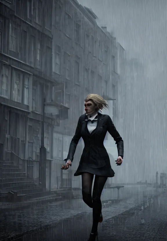 Image similar to beautiful model annie leonhart running on high heels in dunwall city, beautiful face, detailed face, cinematic lighting, rainy weather, melancholy atmosphere, volumetric light, octane render, dishonored 1, gothic architecture, realistic reflections, octane render 8 k, model agency