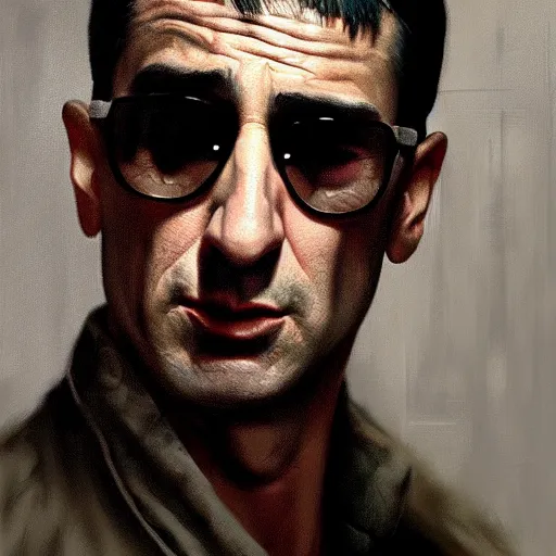 Image similar to realistic portrait of travis bickle ( robert deniro ), trending on artstation, low angle oil painting and composition laws, cinematic lighting, hyperdetailed, cgsociety, 8 k, martin scorsese cinematography, taxi driver