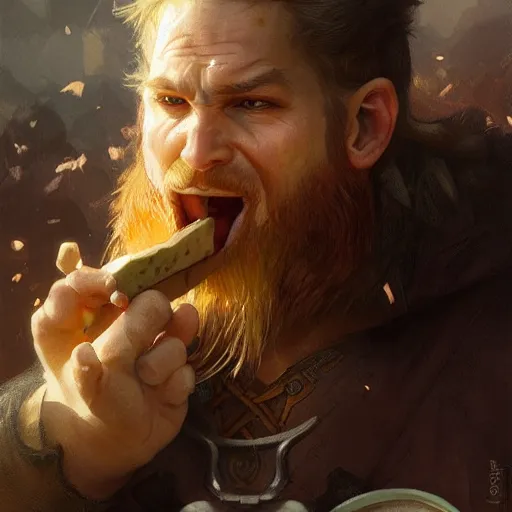 Image similar to a portrait of Viking rapaciously eating cheese, highly detailed, digital painting, artstation, concept art, sharp focus, illustration, art by artgerm and greg rutkowski and alphonse mucha