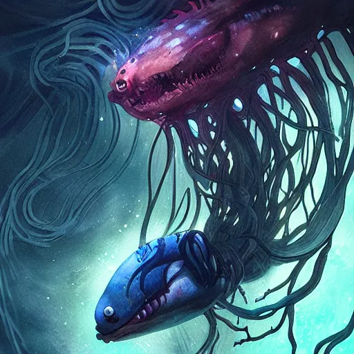 Prompt: a long deep sea creature that glows in the dark, realistic, digital art, illustration, vibrant watercolor, cold lighting, wenjun lin, reflections, refractions, film grain