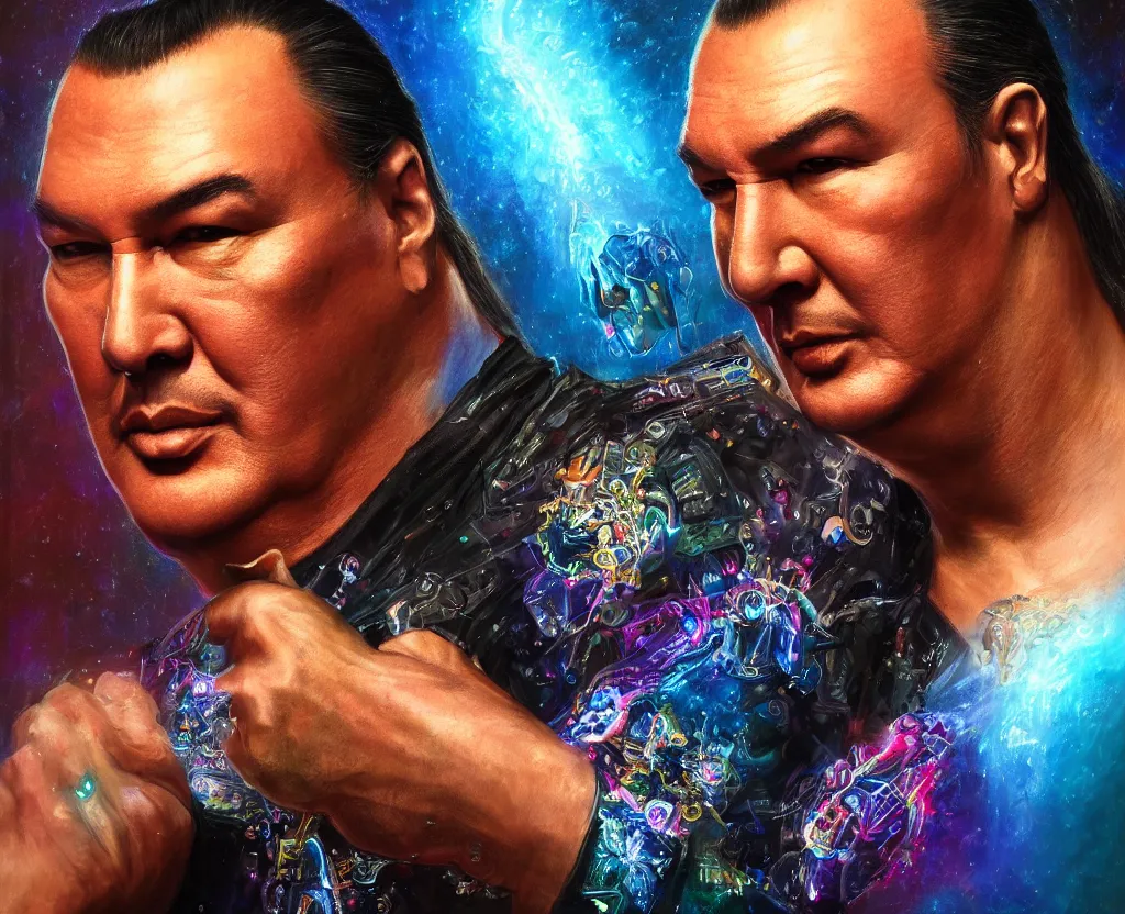 Prompt: epic portrait of Steven Seagal, bloomed lighting, angelic, futuristic, beautiful colors, slightly golden, very detailed, detailed mechanical hands, electrical details, cinematic lighting high details, 4k, 8k, trending on artstation, ultra-realism