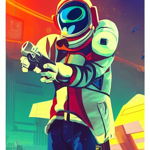 Image similar to a stylized portrait of a young masked boy as an astronaut superhero with a revolver, overwatch style, stylized, arcane magic, orange and green power, vaporwave, vivid color, lens flare, volumetric light from above, background by liam wong, art by raymond swanland + marc simonetti + greg rutkowski + harumi hironaka