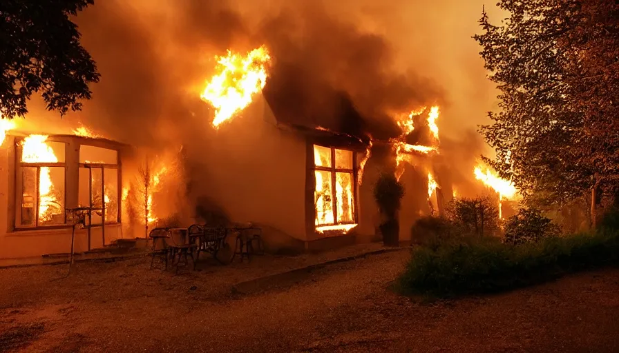 Image similar to mini dv camera found footage of a heavy burning french style little house by night in autumn, in a small northern french village, by sony mini dv camera, heavy grain, low quality, high detail, dramatic light, anamorphic, flares