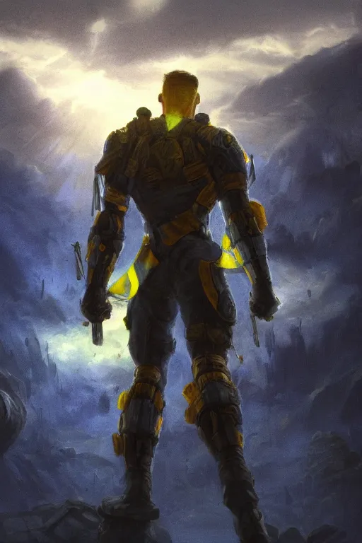 Image similar to a distant shot of a super soldier with blue and yellow flag and standing alone on a huge pile of human skulls as a winner, masculine figure, D&D, fantasy, bright hopeful atmosphere, volumetric lights, beam of bright light through the clouds, intricate, elegant, highly detailed, extremely detailed, digital painting, artstation, concept art, matte, smooth, sharp focus, hyper realistic, illustration, art by Artgerm and Greg Rutkowski and Alphonse Mucha