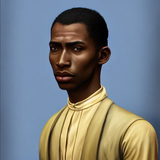 Image similar to A Crusader Kings II portrait of an African American young man with high cheekbones. Good bone structure. Dressed in 1940s style. Highly detailed, fine Art, high detail, great lighting, 8k resolution, masterpiece, concept art, illustration, clear eyes, painting oil on canvas, octane render, HDR, trending on artstation, 4k, 8k, HD