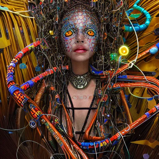 Image similar to swimming deeper into the multiverse, piles of modular synth cables mixed with mangrove roots, kawaii puerto rican goddess chilling out wearing a headpiece made of circuit boards, by cameron gray, wlop, stanley kubrick, masamune, hideki anno, jamie hewlett, unique perspective, trending on artstation, 3 d render, vivid