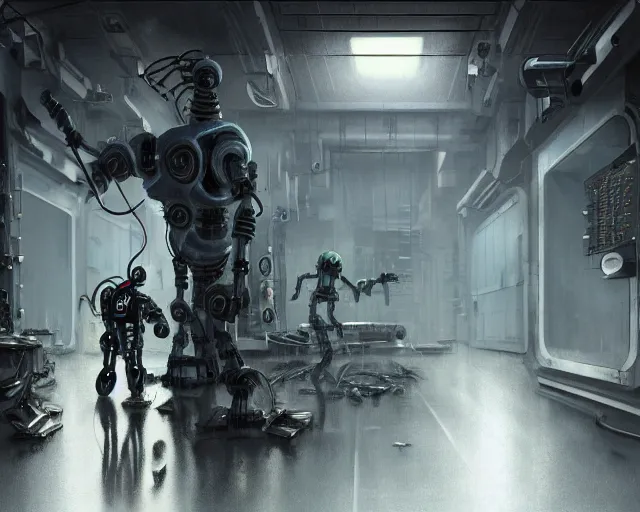 Prompt: robo in gloomy ruined server room in datacenter robot painting concept art of automata rusty steel robot knight colossus welder pacing fixing mono eyed, sharp focus, emitting diodes, smoke, artillery, sparks, racks, motherboard, by pascal blanche rutkowski repin artstation hyperrealism detailed character design matte painting, 4 k resolution blade runner