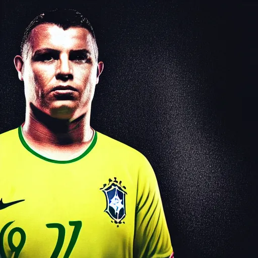Prompt: full body portrait of the real ronaldo nazario from brazil by yousuf karsh, holy halo, neon ambient lighting, high detail