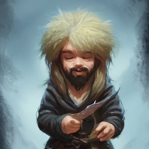 Prompt: Portrait of a young gnome with wild long hair called Eldon, who is a very young wizard that studied at the School of Abjuration, DnD, art by argerm and greg rutkowski, trending on artstation.