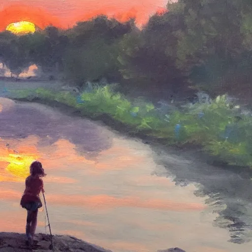 Prompt: a girl fishing at a river at sunset, impressionist piece, artwork by dalle