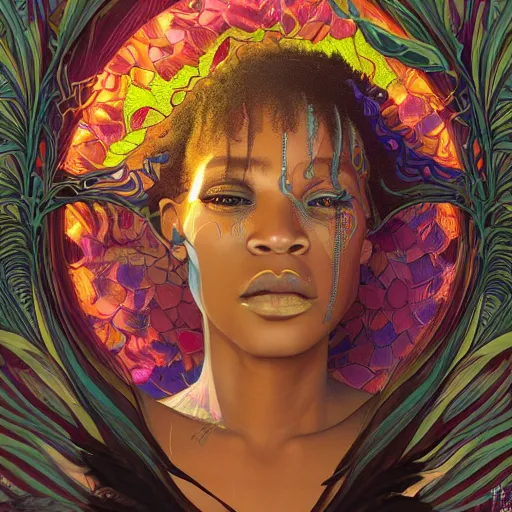 Image similar to A black woman having a reality bending psychedelic experience, colorful, distorted, surreal, tropical leaves and feathers, dramatic lighting on the face, intricate, elegant, highly detailed, digital painting, concept art, smooth, sharp focus, illustration, art by Krenz Cushart and Wayne Barlowe and alphonse mucha