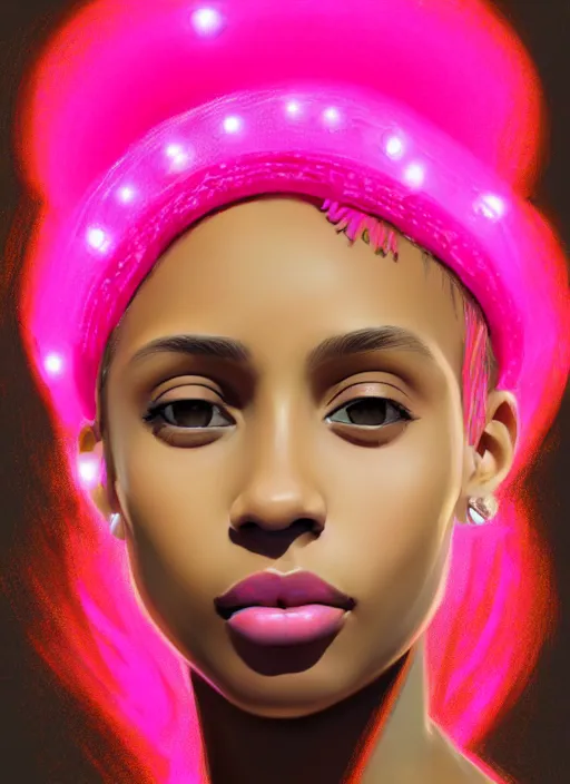 Image similar to portrait of teenage vanessa morgan with bright pink hair, black girl, vanessa morgan, curly pixie cut hair, wearing newsboy cap, newsboy cap, hoop earrings, intricate, elegant, glowing lights, highly detailed, digital painting, artstation, concept art, smooth, sharp focus, illustration, art by wlop, mars ravelo and greg rutkowski