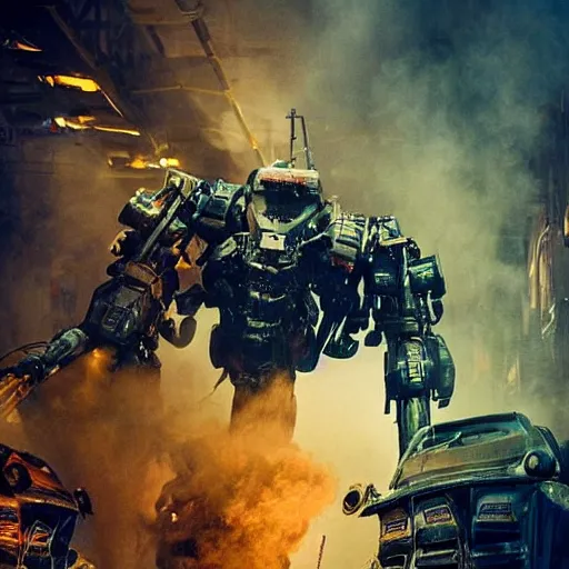 Image similar to mecha made from car parts, dark messy smoke - filled cluttered workshop, dark, dramatic lighting, orange tint, cinematic, highly detailed, sci - fi, futuristic, movie still from blade runner