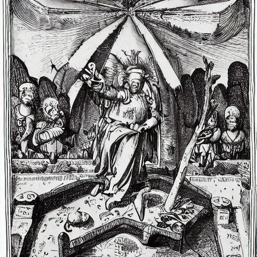 Image similar to a overhead view of a man in castle in the jungle getting praised and fanned by angels with fruits, detailed, golden furniture, nuremberg chronicle, adventure time,