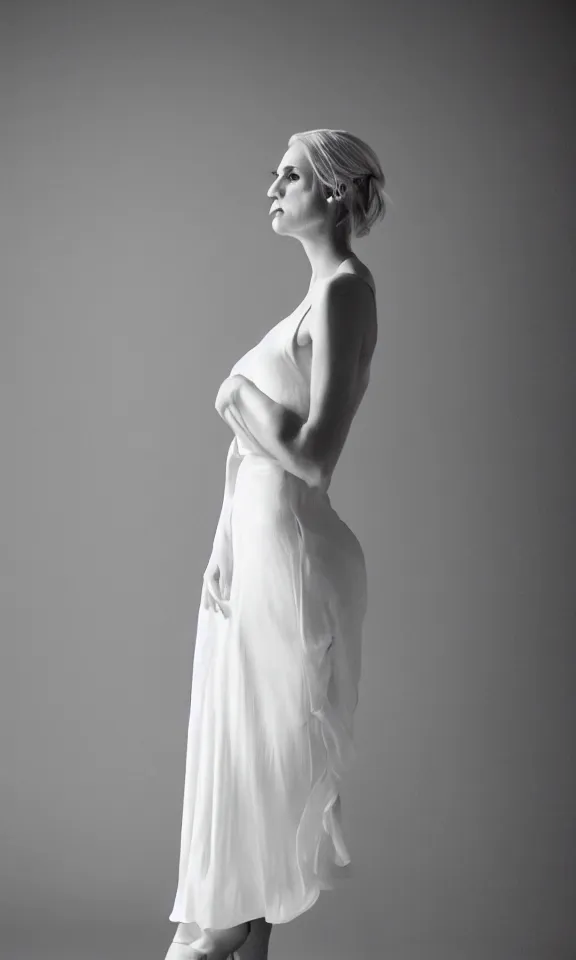 Image similar to photo of gorgeous seductive tall emily skinner cosplaying annie leonhart wearing elegant white dress, wearing open toe heels, in a white room, beautiful face, pale skin, rule of thirds, cinematic lighting, rainy weather, melancholy atmosphere, sharp focus, backlit, stunning, smooth, hard focus, full body shot, studio photo, shot on sony a 7 iii, hyper realistic,