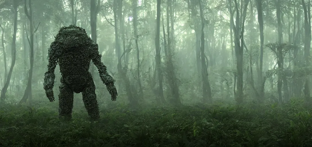 Image similar to a complex organic fractal 3 d metallic symbiotic ceramic humanoid megastructure creature in a swampy lush forest, foggy, cinematic shot, photo still from movie by denis villeneuve, wayne barlowe, sun rays