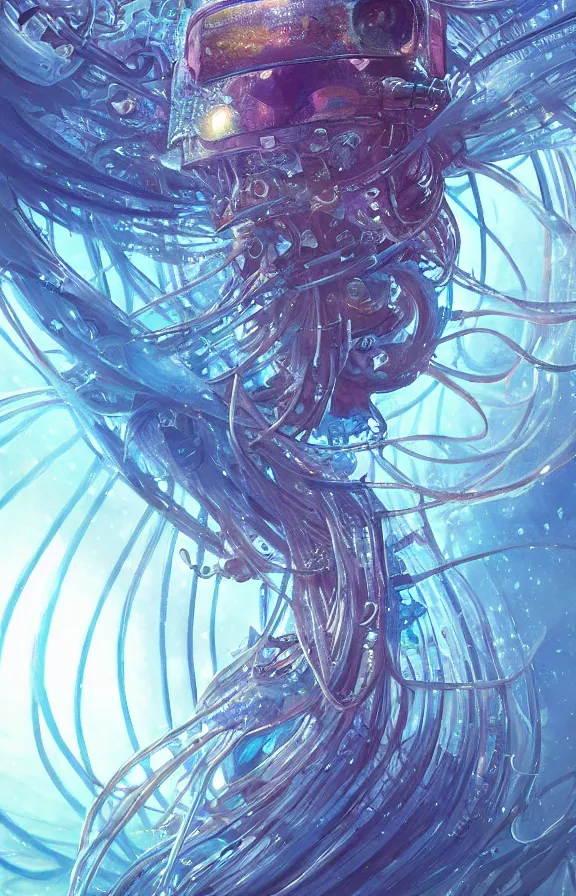 Image similar to Panorama hyper detailed painting of a cyberpunk jellyfish, blue tones, underwater, 8 mm, highly detailed, digital painting, artstation, concept art, smooth, sharp focus, illustration, art by artgerm and greg rutkowski and alphonse mucha