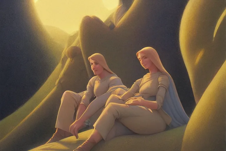 Image similar to beautiful painting of friends, beautiful faces, sitting on the edge, cute, soft light, digital painting by ralph mcquarrie and franklin booth