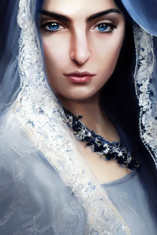 Image similar to Ameera al-Taweel, blue eyes, long wavy black hair, white veil, closeup, focus face, elegant, highly detailed, centered, digital painting, artstation, concept art