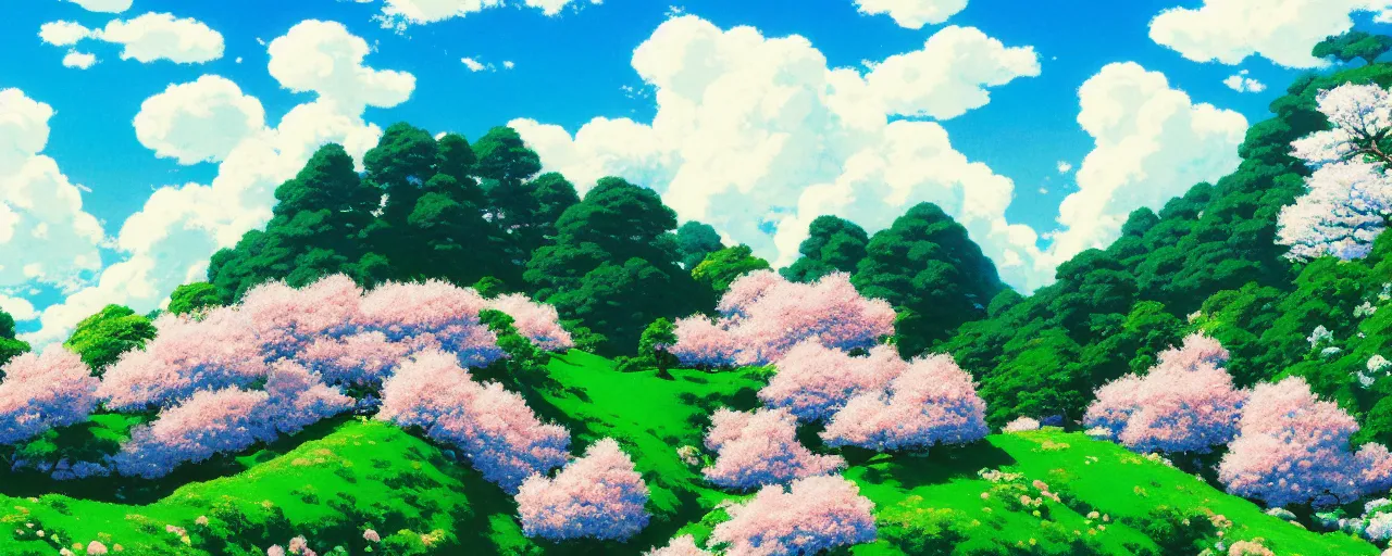 Prompt: ghibli illustrated background of a strikingly beautiful blue sky with puffy white clouds over a lush flowery, rocky, grassy field, with pink cherry blossom by eugene von guerard, ivan shishkin, edward hopper, john singer sargent, 4 k