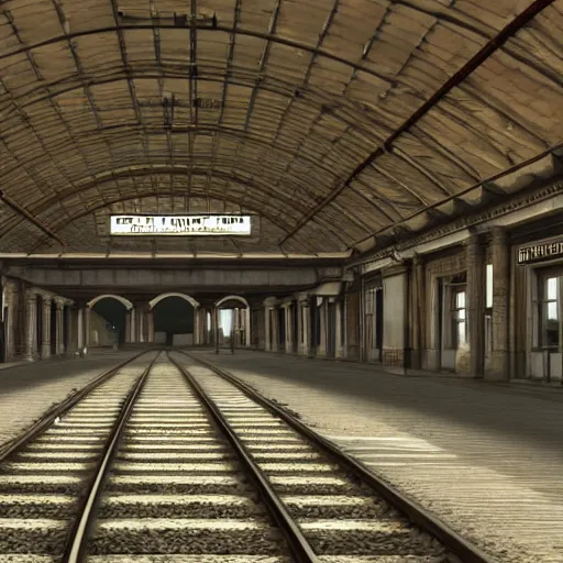 Prompt: Nineteenth-century railway station completely empty, realistic, high definition,