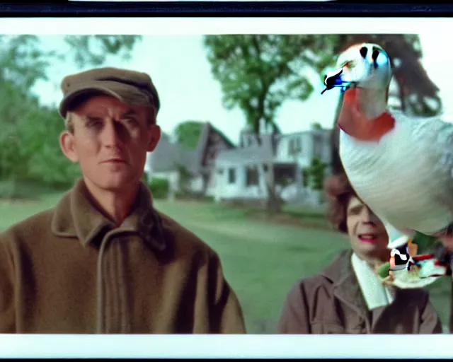 Image similar to a movie still from 'A Goose Set my House on Fire', 40mm tape, technicolour film, goose!!!!!, letterboxing, widescreen