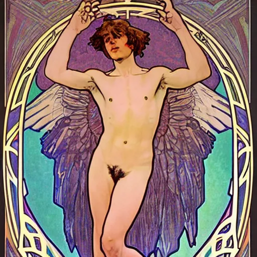 Image similar to ultra realistic illustration of thirteen year old winged boy angel, full body, male body, elegant study, art nouveau poster by alphonse mucha