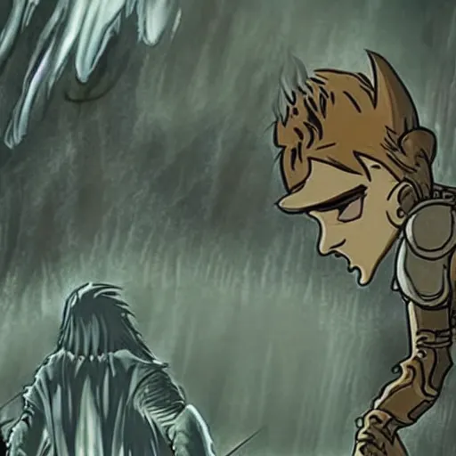 Image similar to dark souls animated movie in the style of ralph bakshi, animation cel, dark fantasy