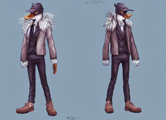 Prompt: detailed concept art of a duck wearing human clothes by wlop on bcy. net, realistic. feathers cheng yi,