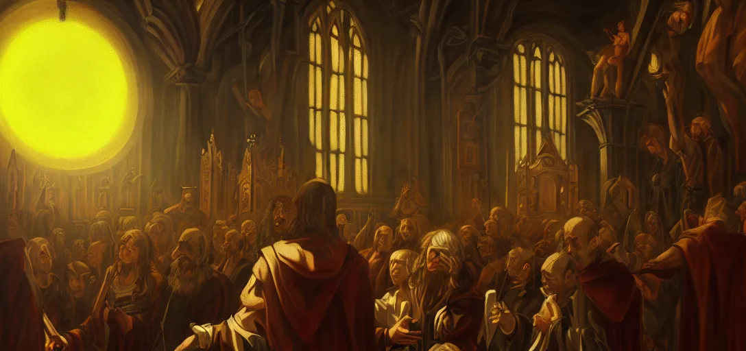 Image similar to baroque oil painting of satan in church, brutalist, dark fantasy, sunset, rule of thirds, digital cel shading, fake hidden detail, trending on pixiv fanbox